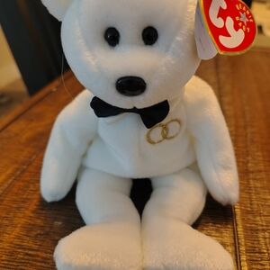 Ty Plush White Bear with Black Bow and Gold Rings